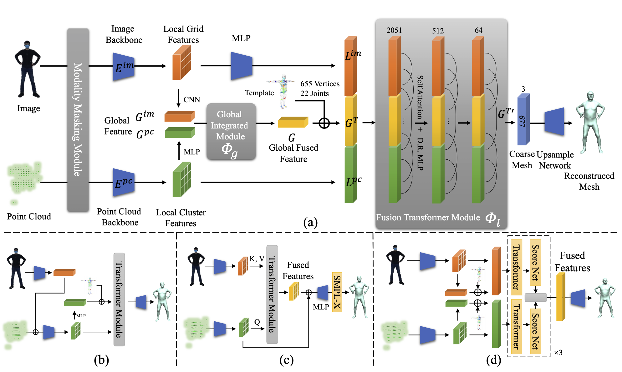 Fig. 2: Pipeline. (a)ImmFusion. D.R. MLP stands for a dimension reduction MLP. (b)Point-level fusion methods. (c)DeepFusion. (d)TokenFusion