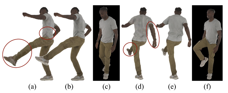 Fig. 4: Ablation study of the pose projection strategy. (a,d) and (b,e) are the animation results without and with the pose projection strategy, respectively. (c,f) are the reference images with the closest pose in the training dataset.